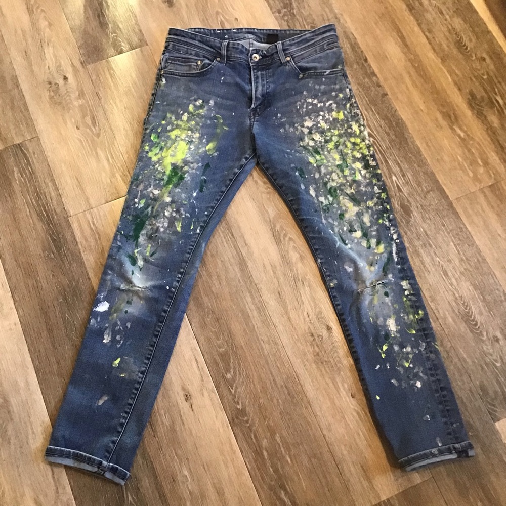 Painted distressed jeans; stretch denim; mid-rise